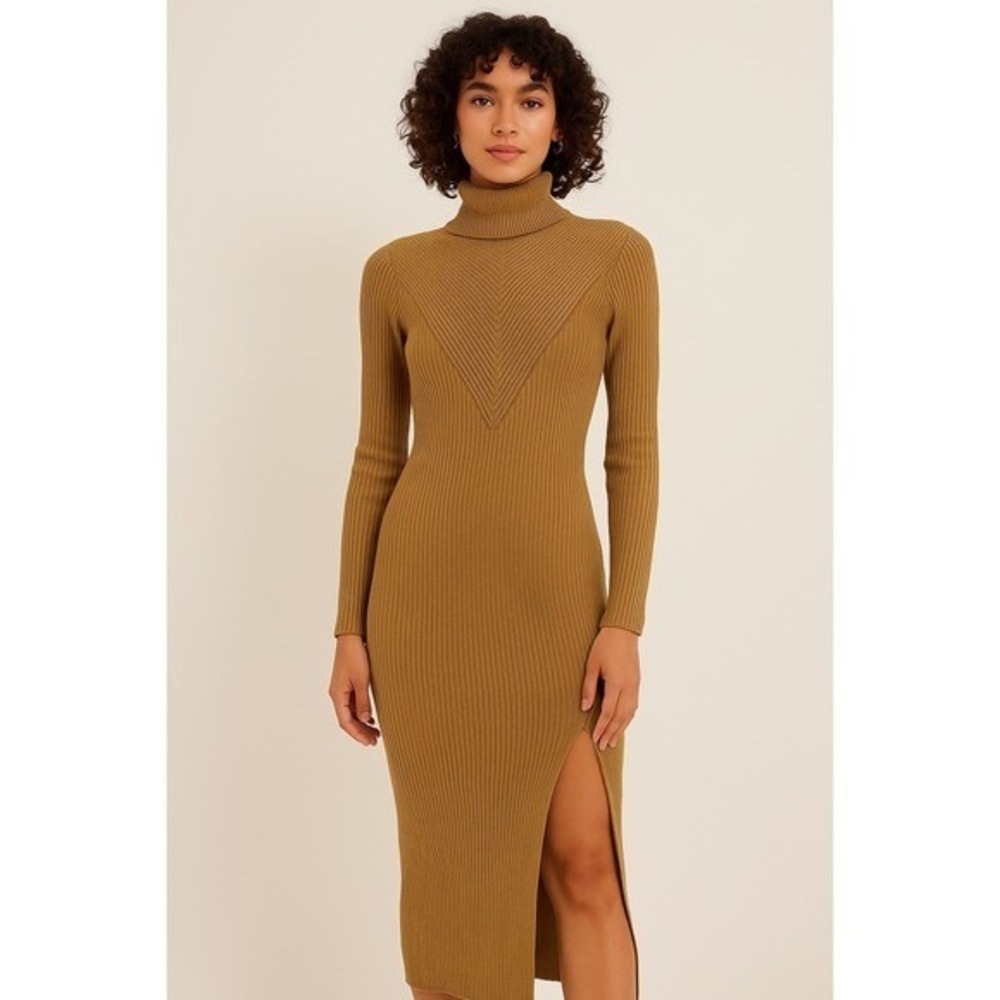 Primi Brown Turtleneck Sweater Midi Dress S Long Sleeve Ribbed Knit Slit S